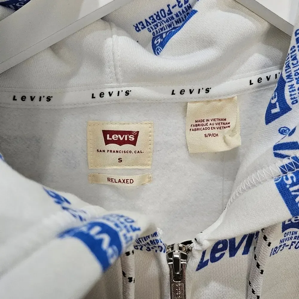 Levi's Men's Relaxed AOP White and Blue Logo Hoodie Full Zip Small